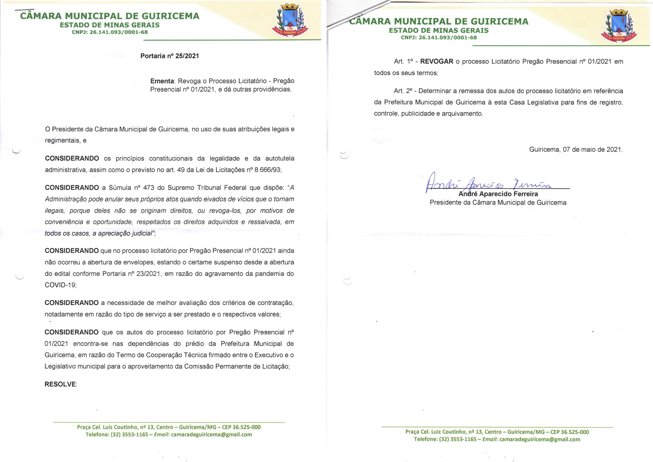 COMUNICADO DE REVOGAÇÃO DA LICITAÇÃO - PREGÃO PRESENCIAL 01/2021