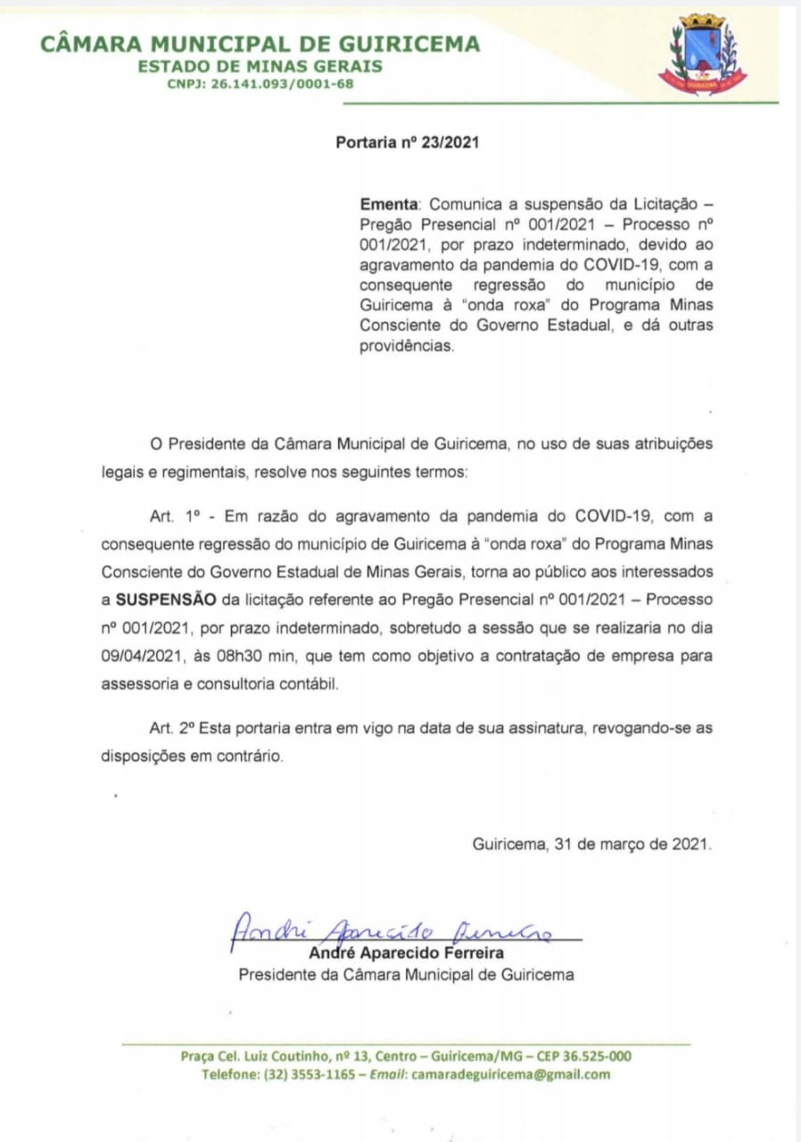 COMUNICADO DE SUSPENSÃO DA LICITAÇÃO - PREGÃO PRESENCIAL 01/2021